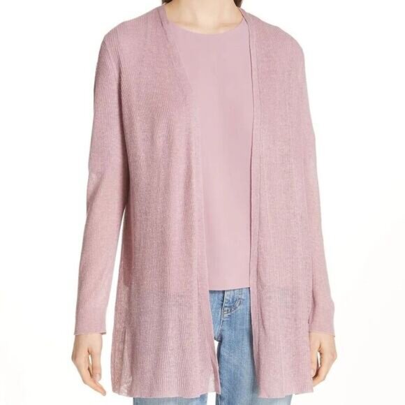 Eileen Fisher Size M Organic Linen Tencel Open Cardigan Fine Knit Rose Quartz - Picture 2 of 10
